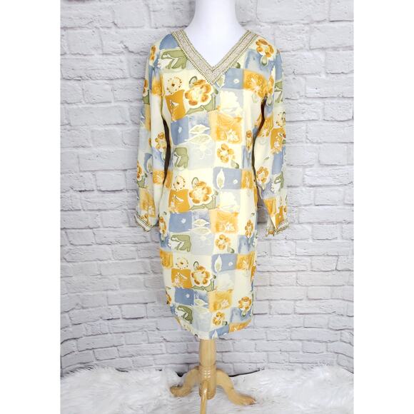 VTG Handmade Yellow Orange Floral Print Dress Long Sleeve  Metallic Trim  Sz S - Picture 1 of 13